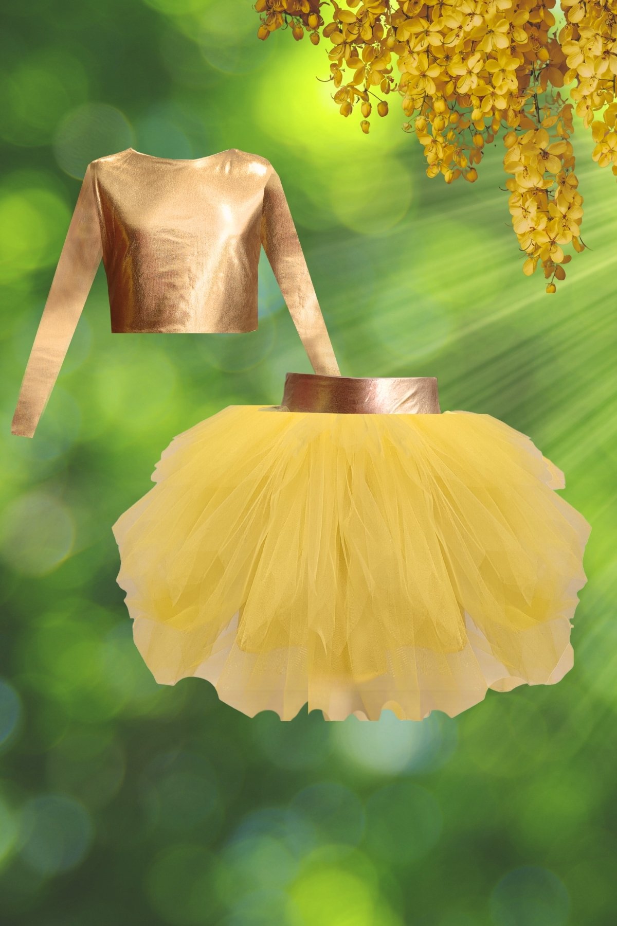 Long Sleeve Crop Top and Tutu Skirt Set for Kids - 1-10 Years - Gold