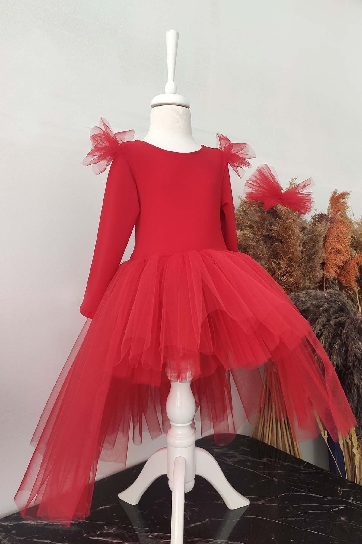 Asymmetrisches Tutu-Weihnachtskleid für Mädchen, langärmelig mit Bandana