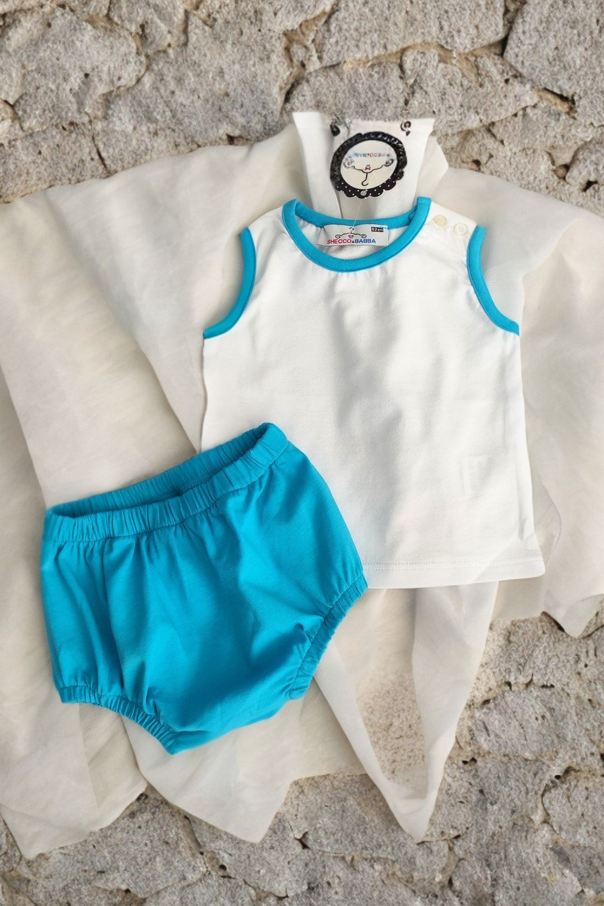 Baby Top and Bottom Set - White-Turquoise