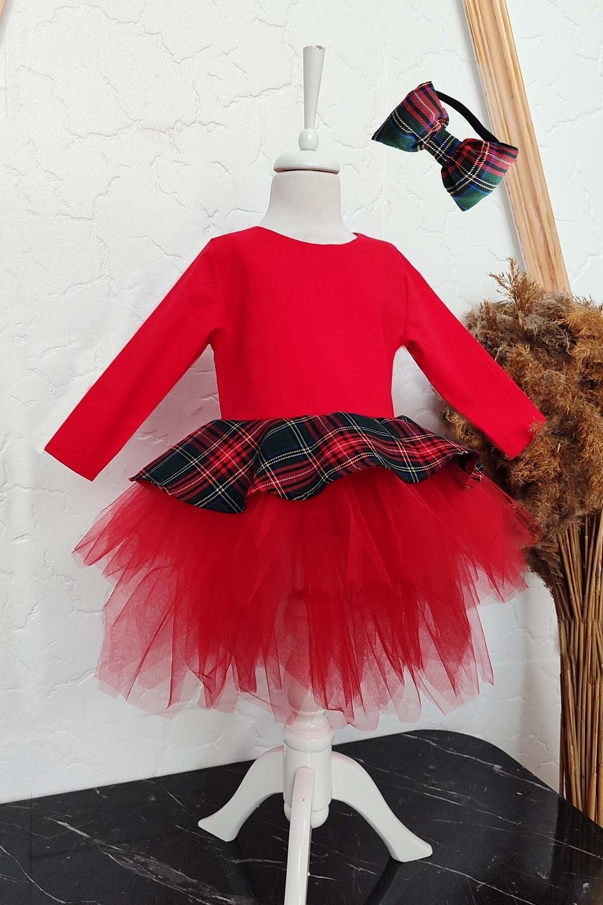 Girls' Puffy Dress with Red Plaid Details