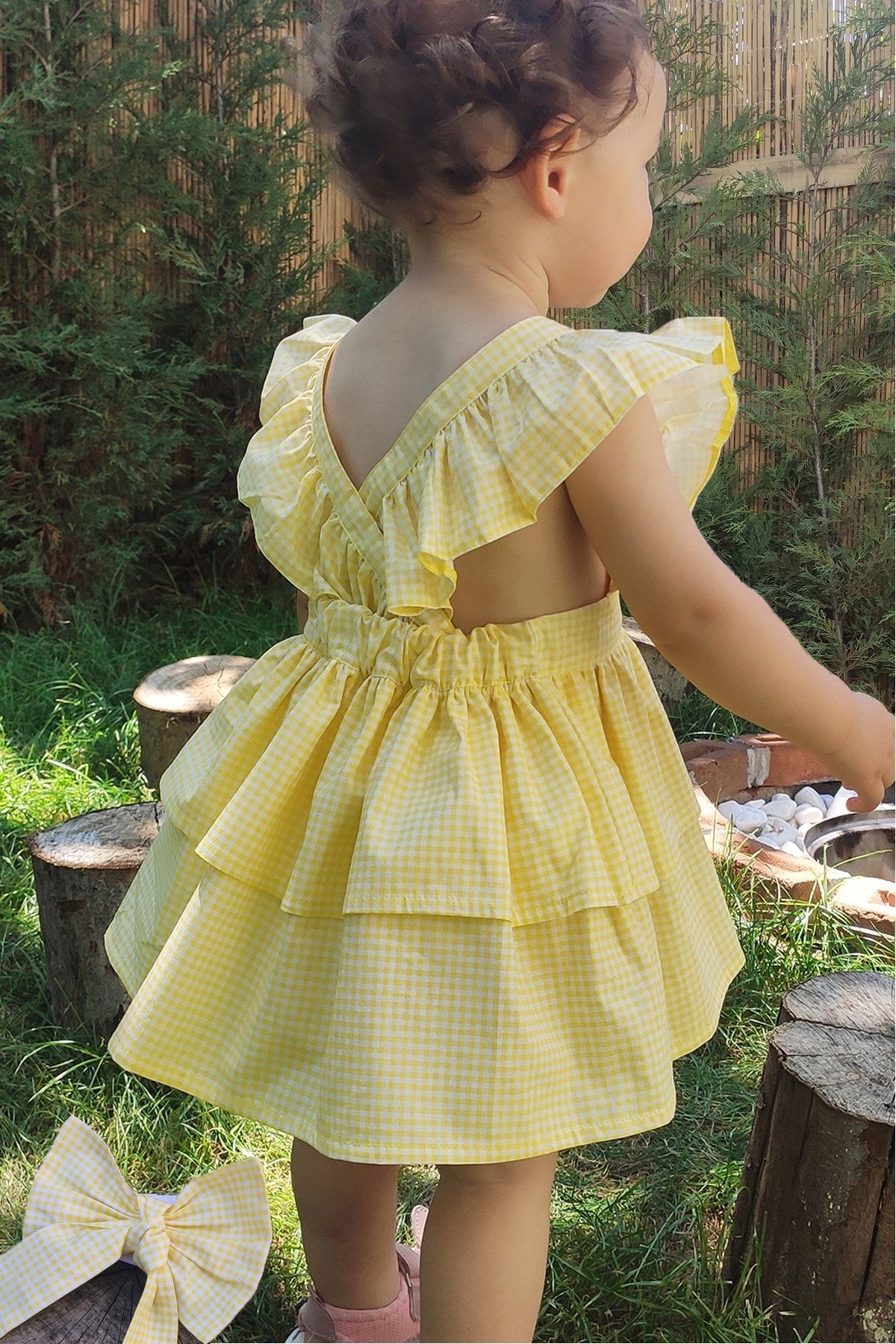 Girls' Gingham Ruffled Dress and Bandana Set | Yellow