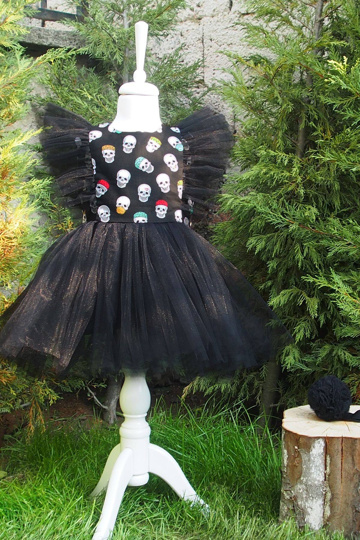 Girls' Tulle Detail Skull Print Tutu Dress and Bandana Set, Birthday Dress