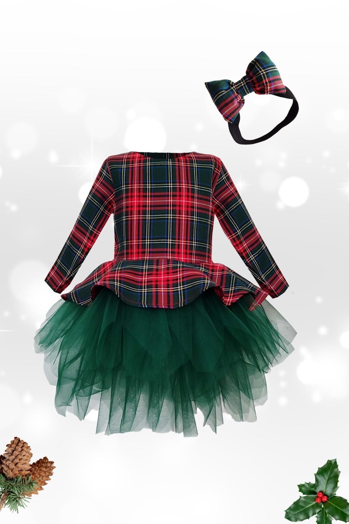 Girls' Plaid Christmas Dress with Tutu, Puffy Dress - Green