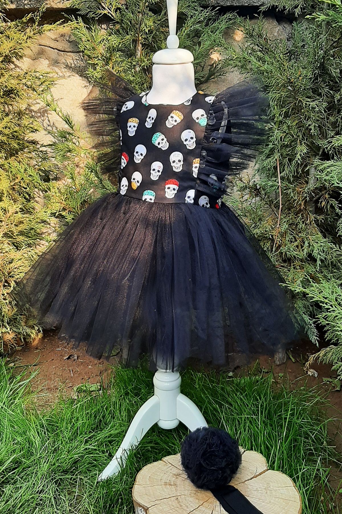 Girls' Tulle Detail Skull Print Tutu Dress and Bandana Set, Birthday Dress