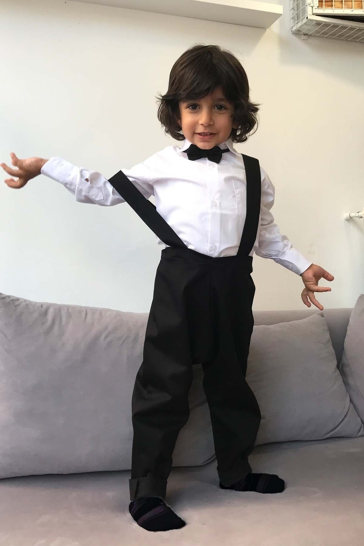 Boy’s Strapped Pants and Bow Tie Set - Black