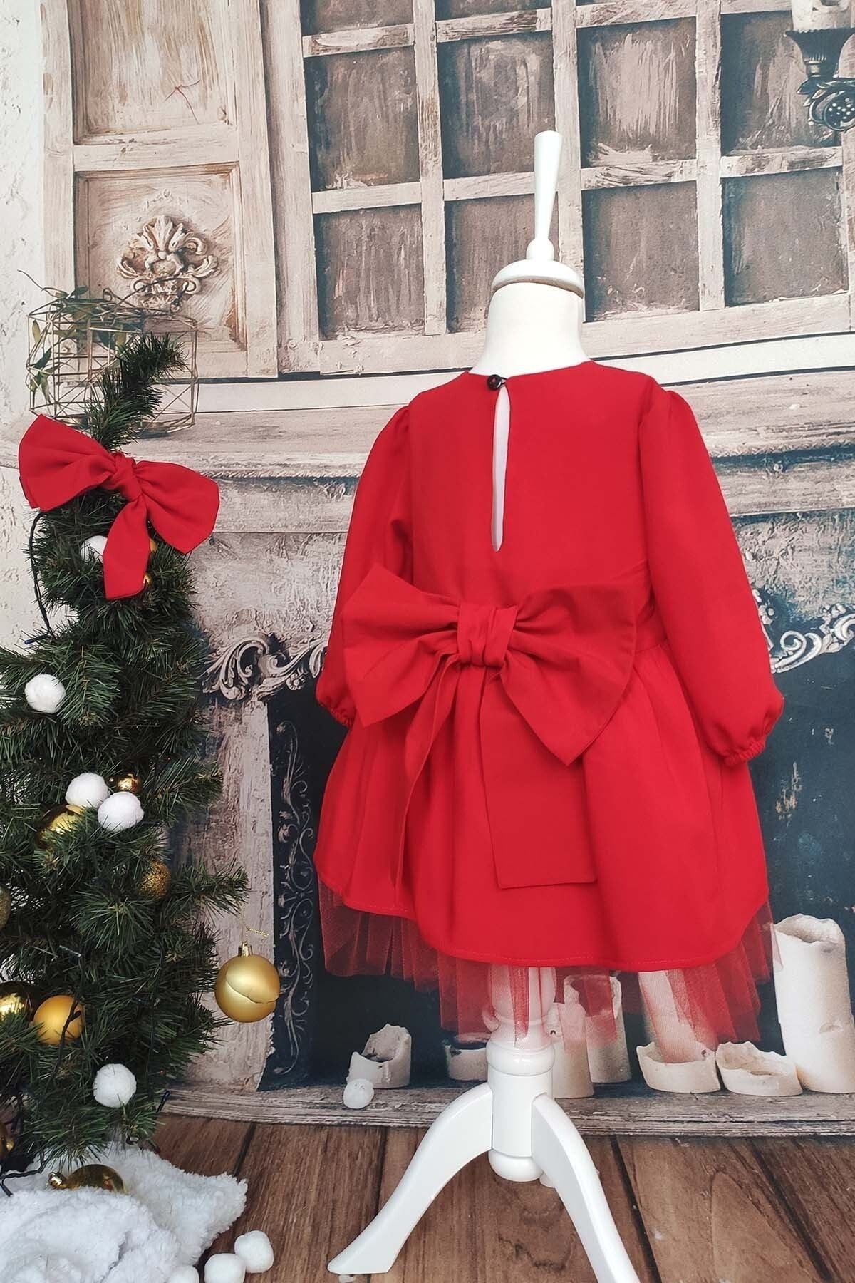 Vestido de Tul con Lazo para Navidad, Vestido de Cumpleaños con Manga Larga y Diadema