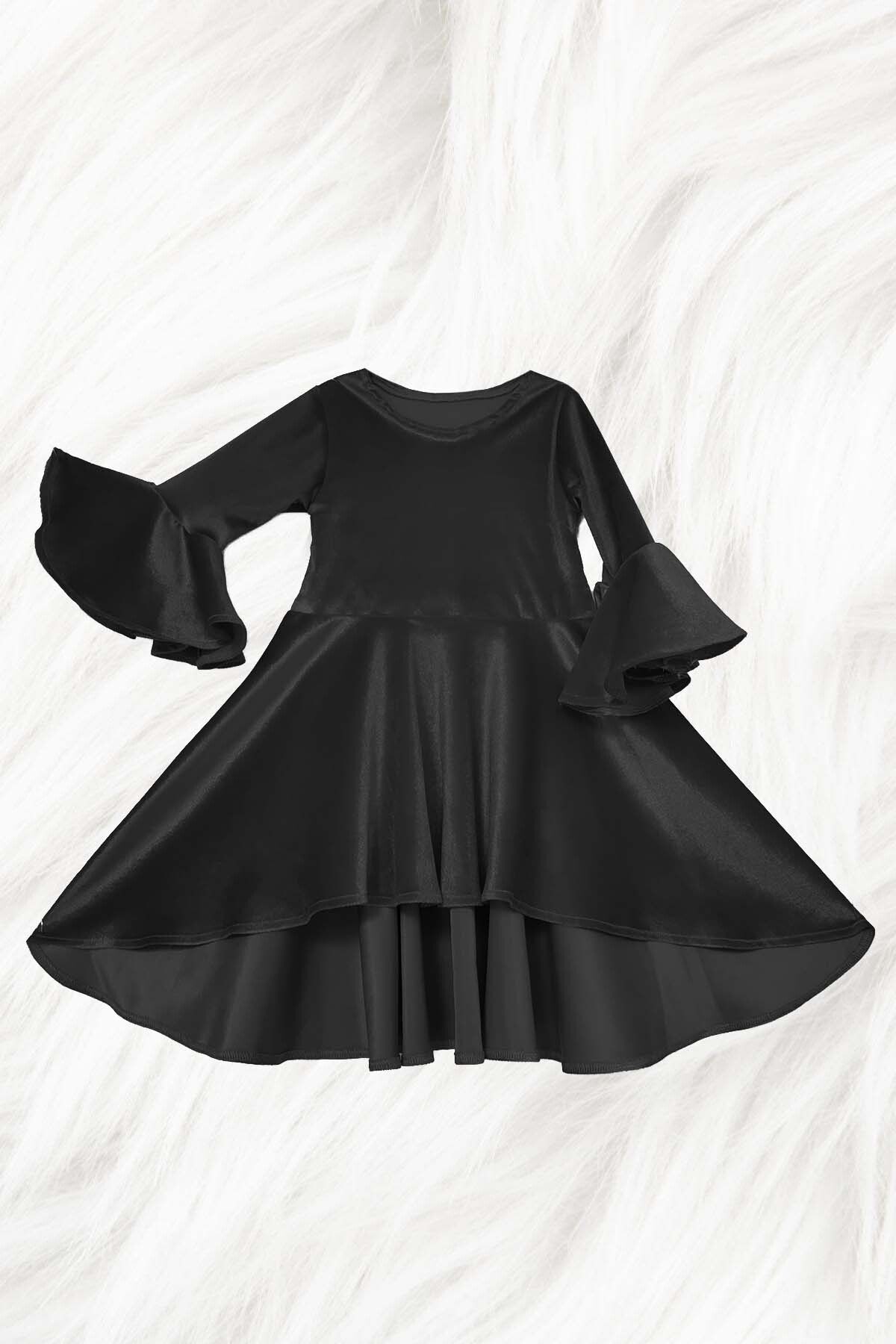 Asymmetric Velvet Girl's Dress - Black