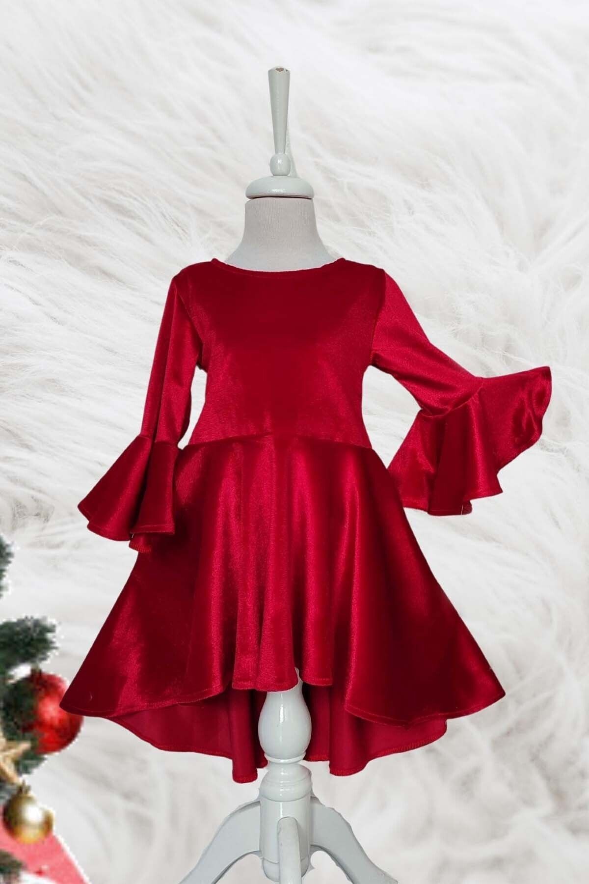 Asymmetric Velvet Girl's Dress - Red