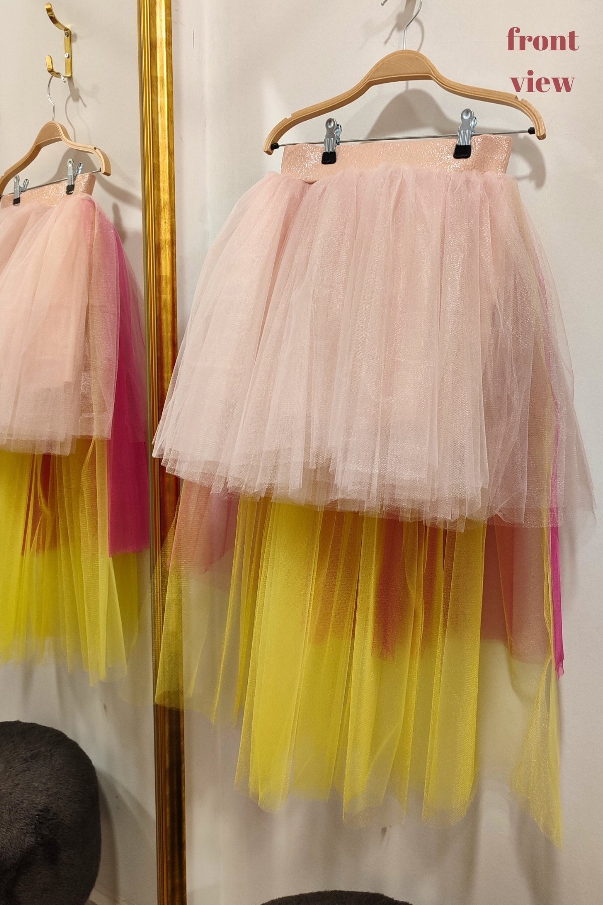 Girls’ High-Low Layered Tulle Tutu Skirt with Sparkle Waistband - Pink, Fuchsia, and Yellow - Sizes 3-10 Years