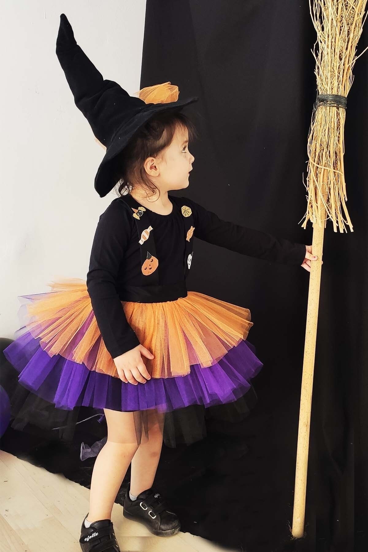 Ensemble robe de sorcière d'Halloween et chapeau de sorcière pour filles - orange violet