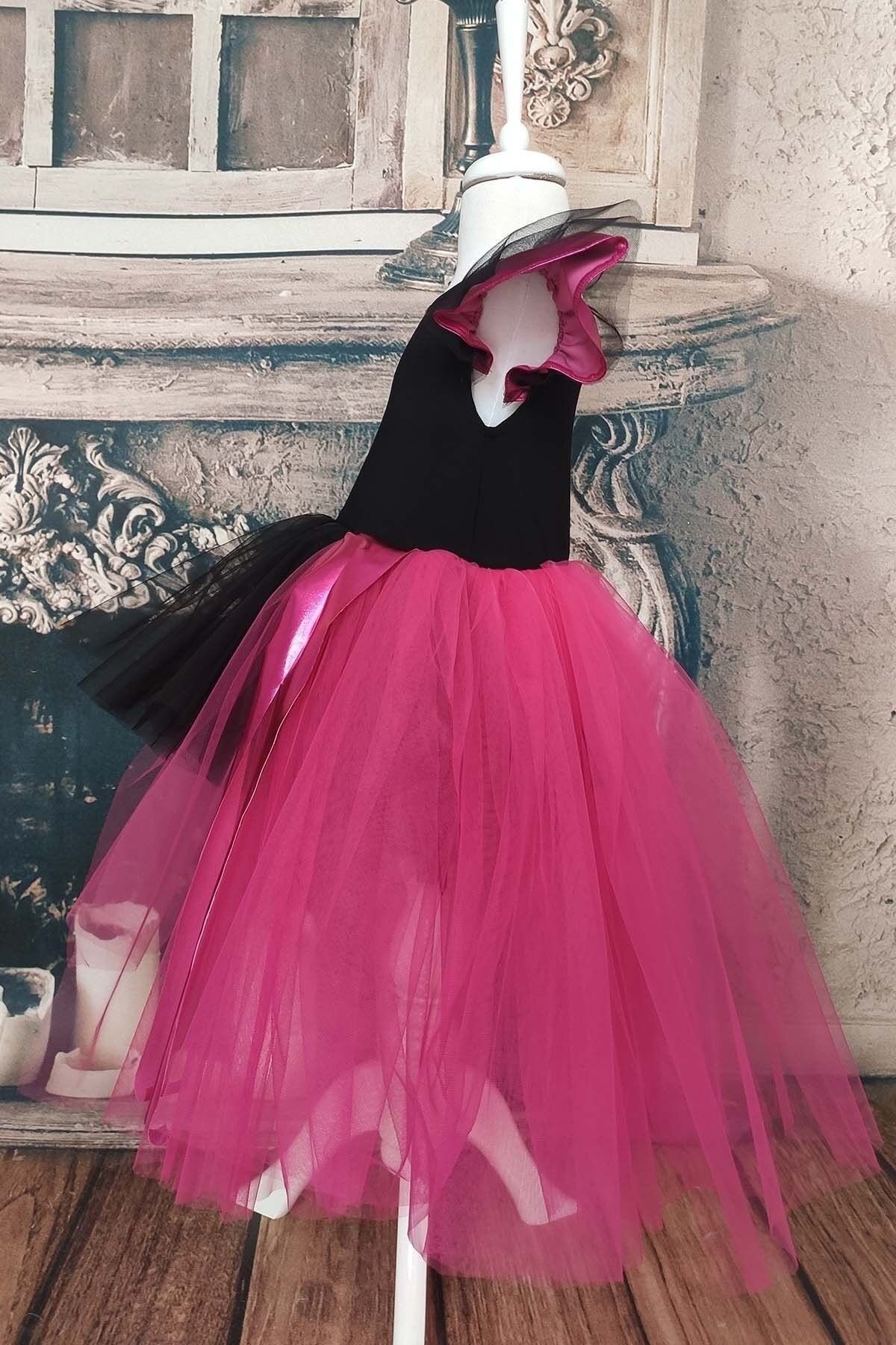 Vestido de Tul Asimétrico en Fucsia y Negro para Niña, Vestido de Cumpleaños con Diadema