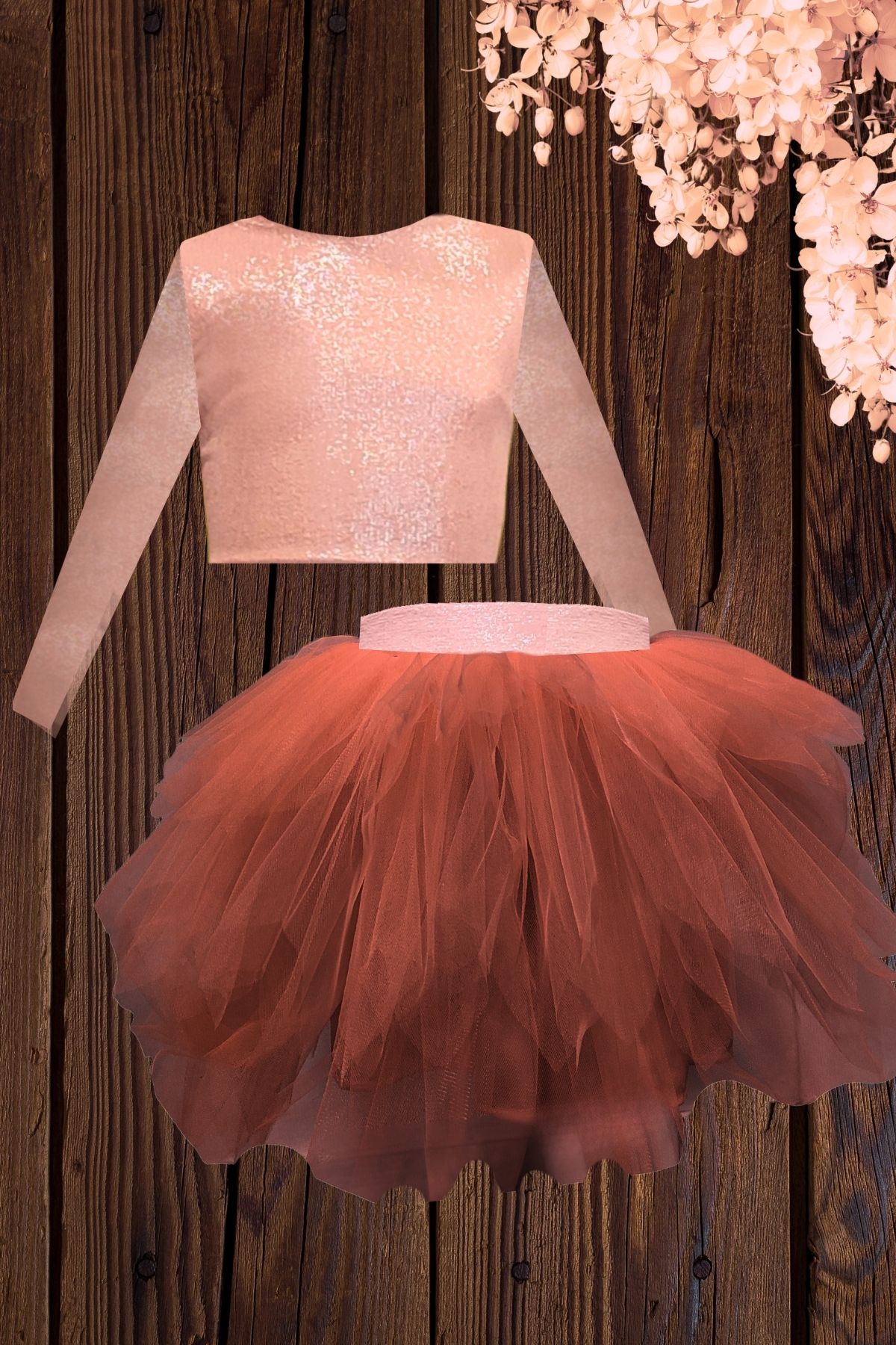 Long Sleeve Crop Top and Tutu Skirt Set for Kids - 1-10 Years - Powder Pink-Terracotta