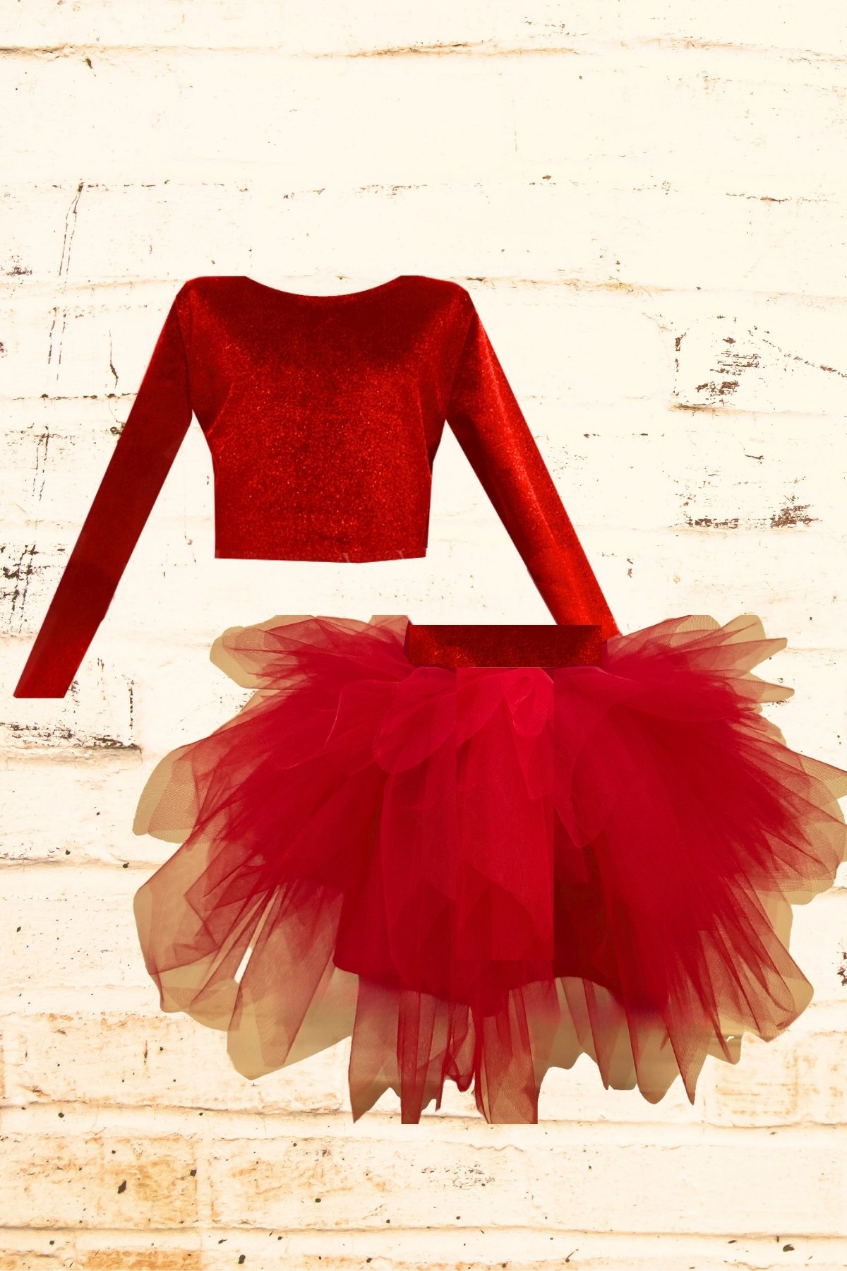 Conjunto de Top Cropped de Manga Larga y Falda Tutu de Terciopelo para Niños - 1 a 10 Años - rojo