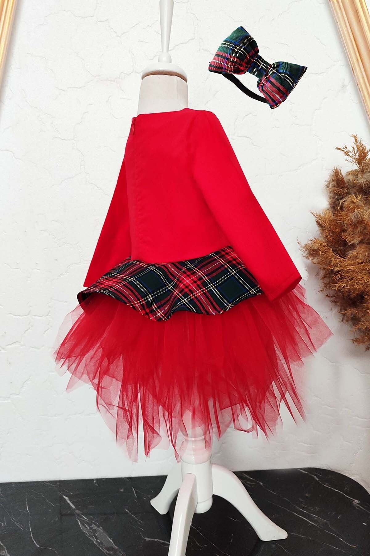 Girls' Puffy Dress with Red Plaid Details