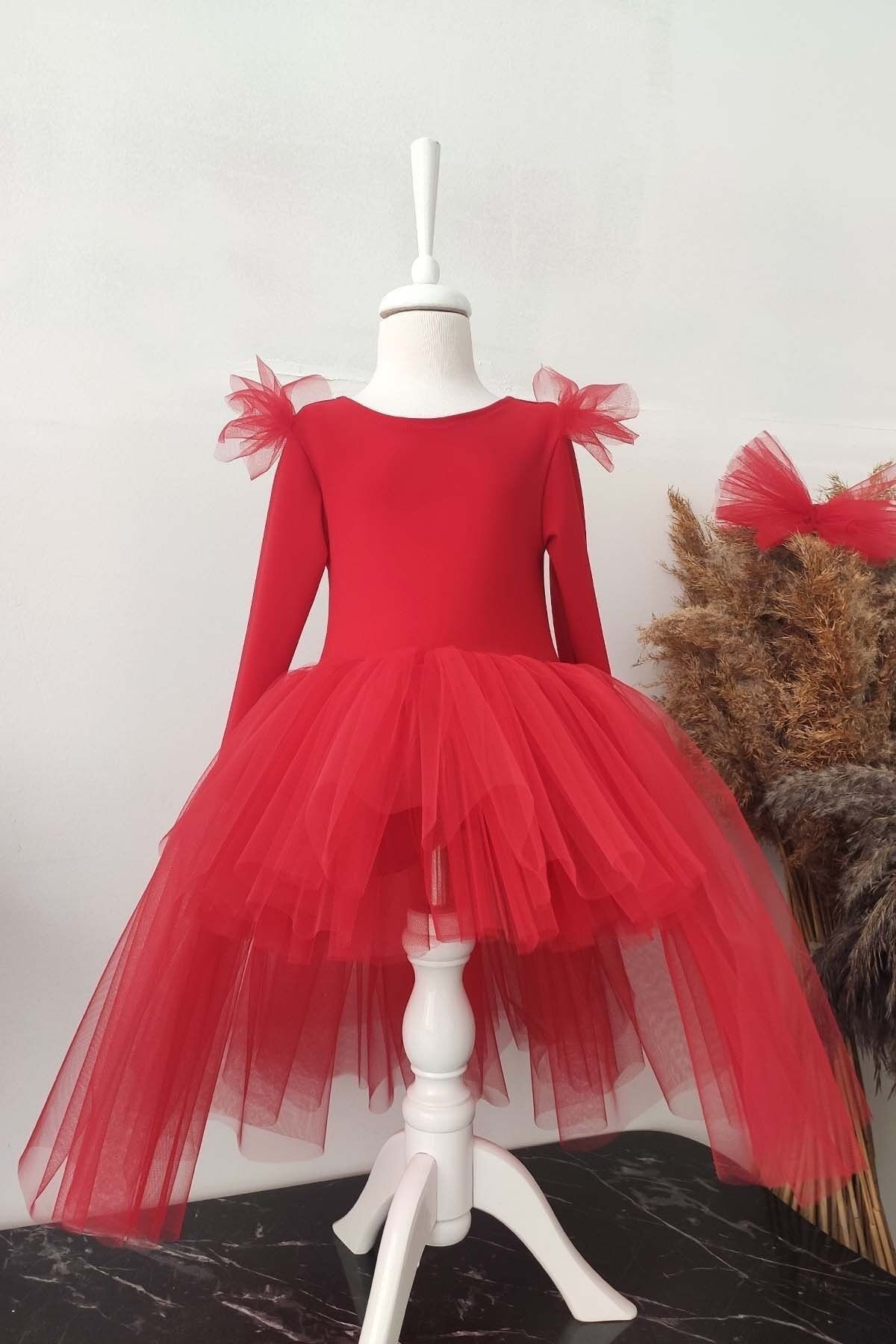 Vestido de Tul Asimétrico de Navidad para Niña, Vestido de Cumpleaños con Manga Larga y Diadema