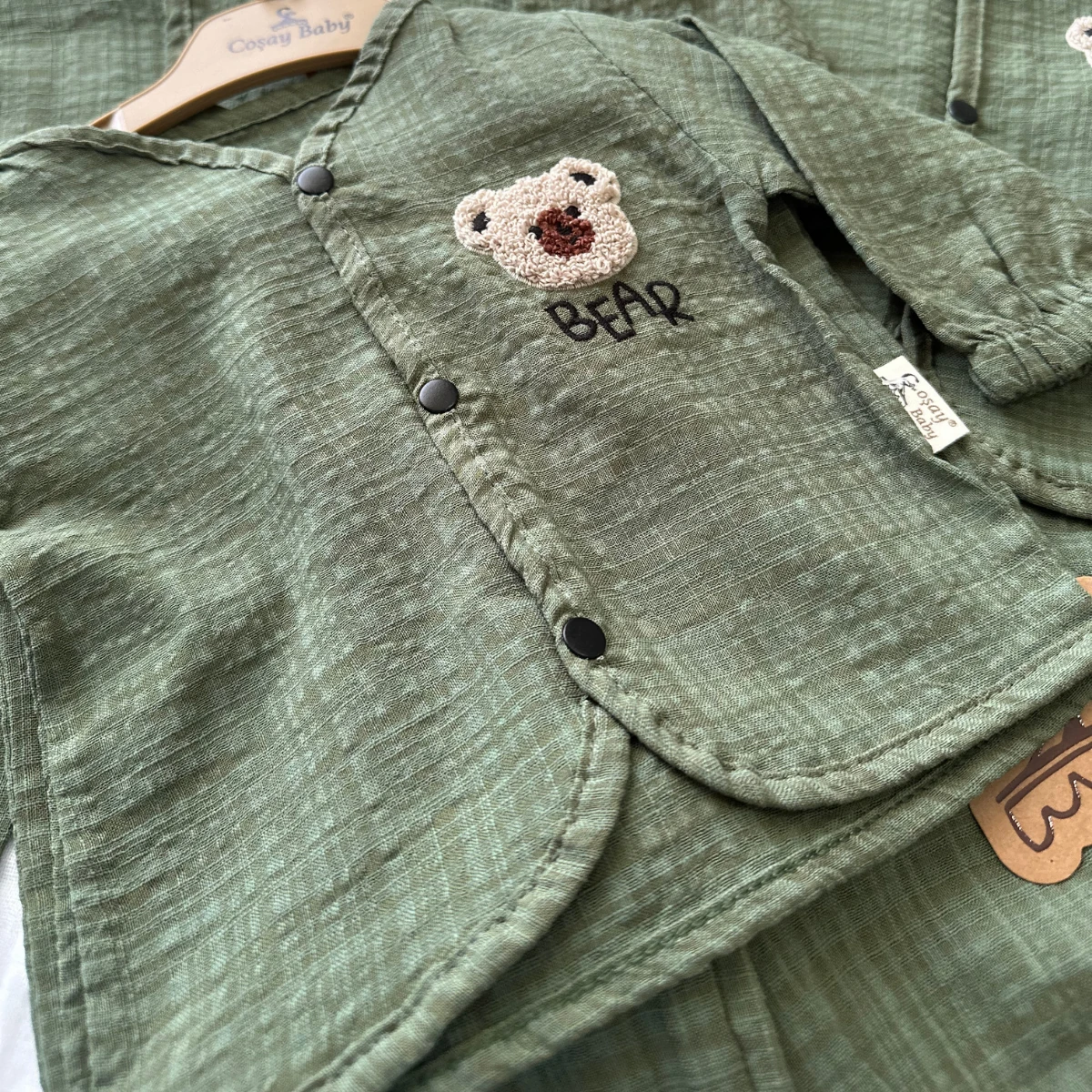 Organik Müslin Ayıcık Detaylı 2’li Yeşil Bebek Takımı