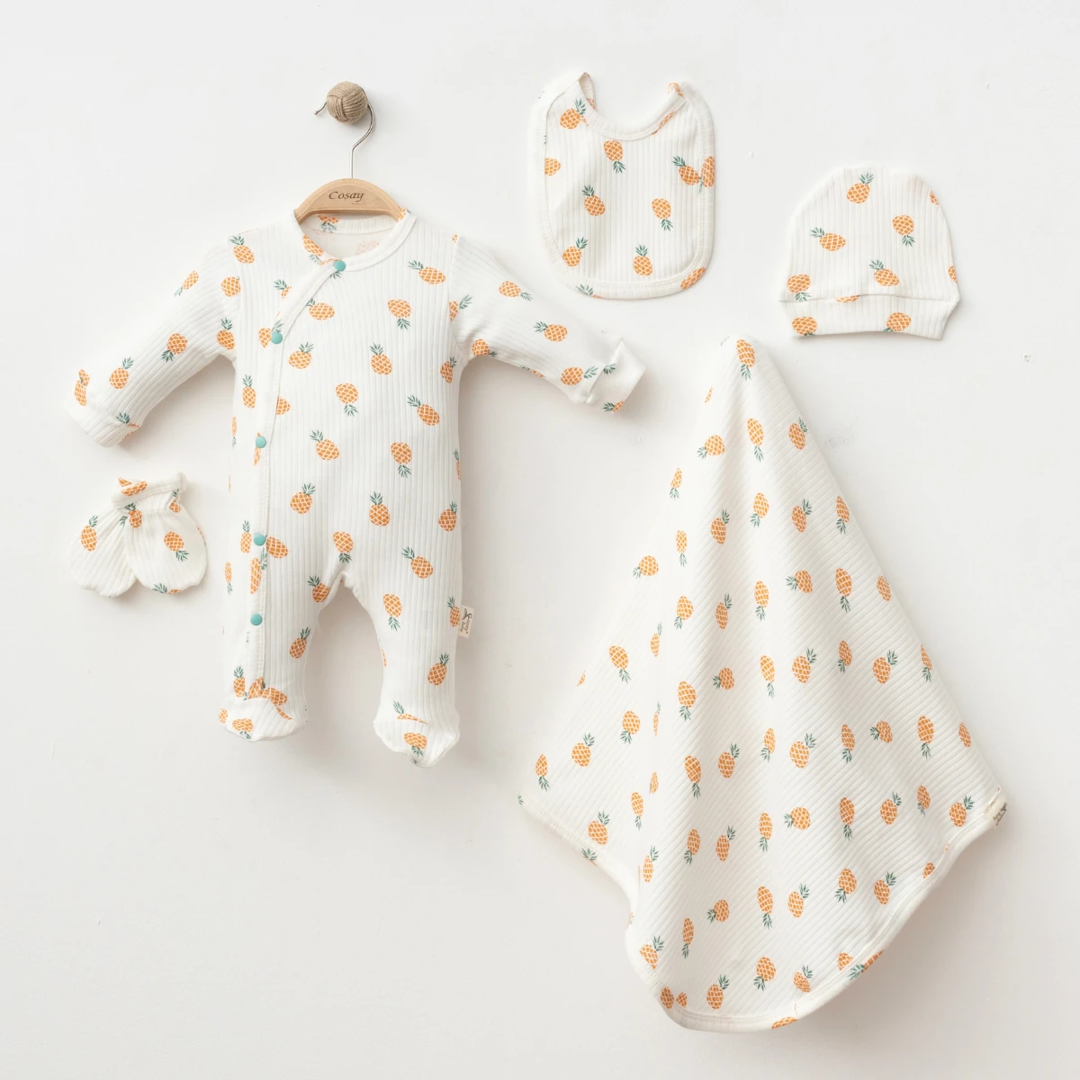 Unisex Ananas Desenli Battaniyeli 0-3 Ay 5'li Set