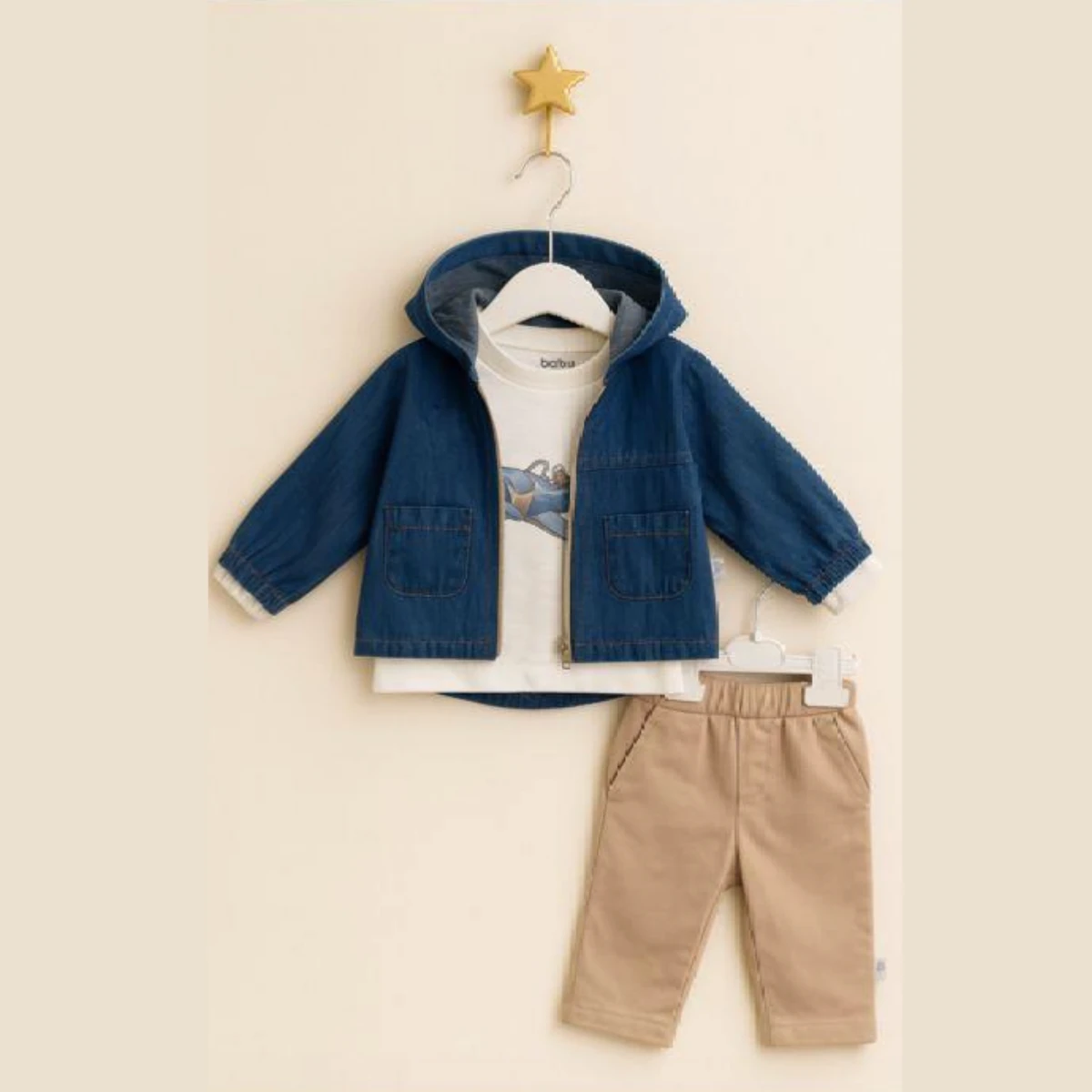 Kapüşonlu Kot Montlu Erkek Bebek 3'lü Takım