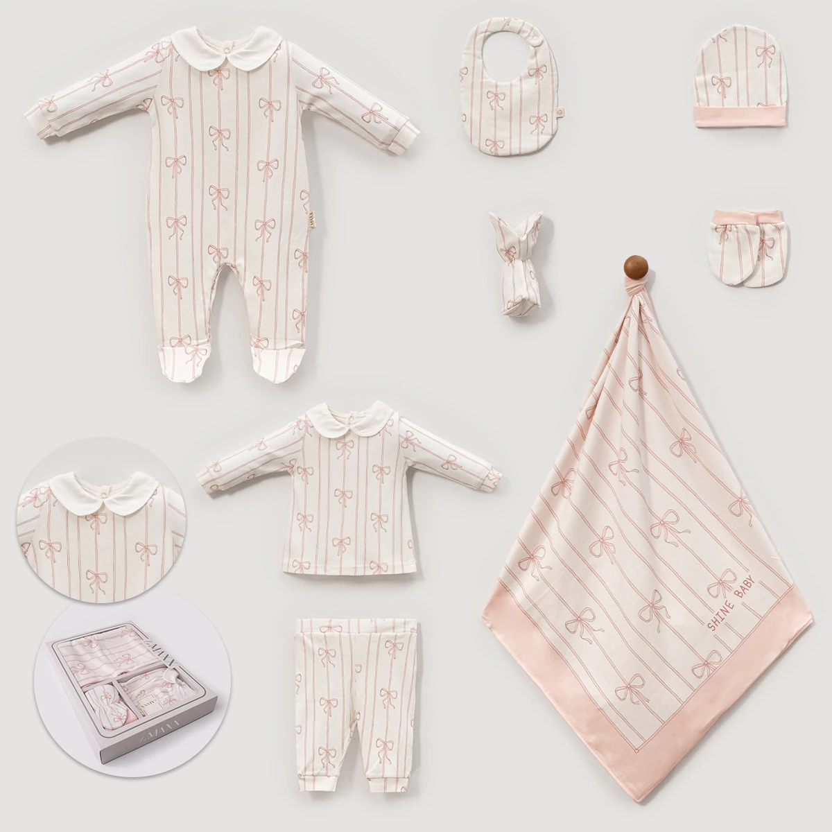 Kız Bebek Fiyonklu Çizgili 8'li Hastane Çıkış Seti 0-3 Ay