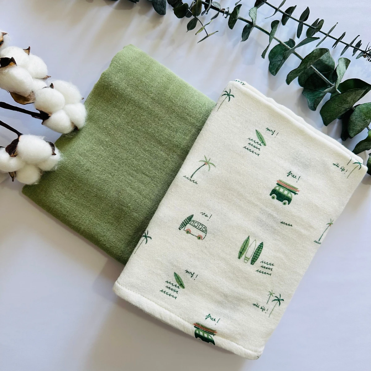 Araba, Palmiye Desenli Yeşil Müslin Bebek Battaniyesi 2'li Set