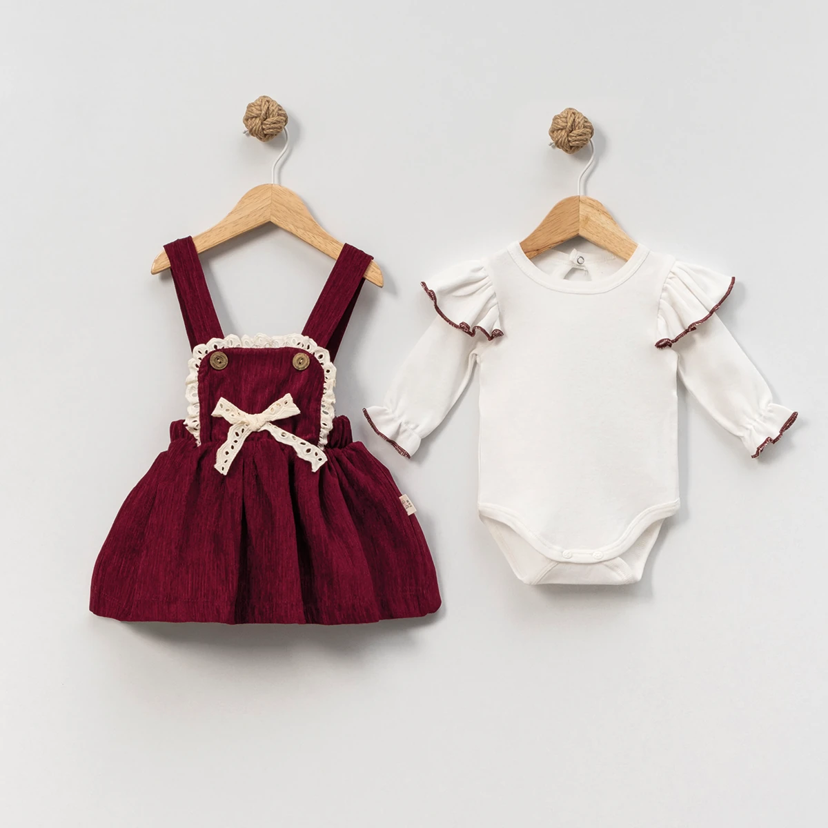 Kız Bebek Fiyonk Detaylı Düğmeli Bordo Jile Takım