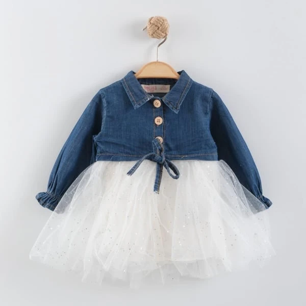 Denim Üst Tül Etekli Kız Bebek Elbise 