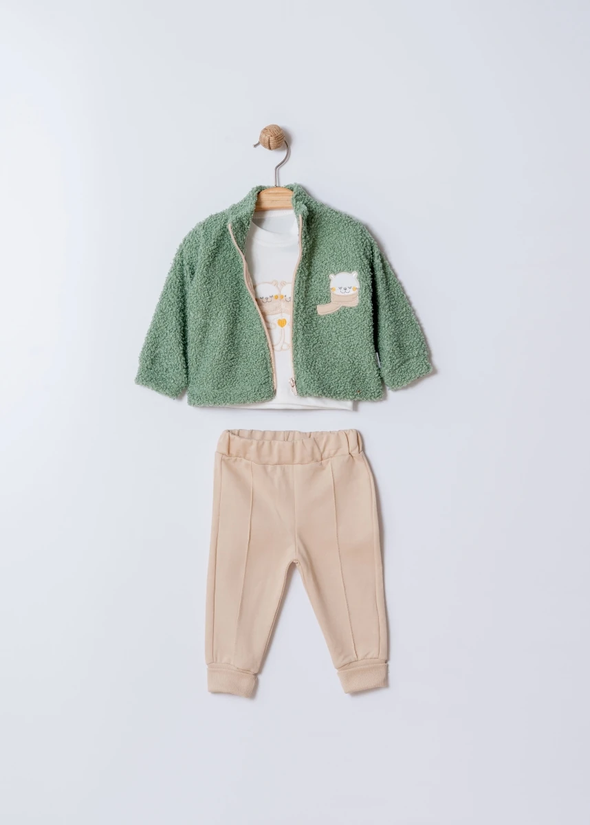 Nakışlı Welsoft Hırkalı Erkek Bebek 3'lü Takım