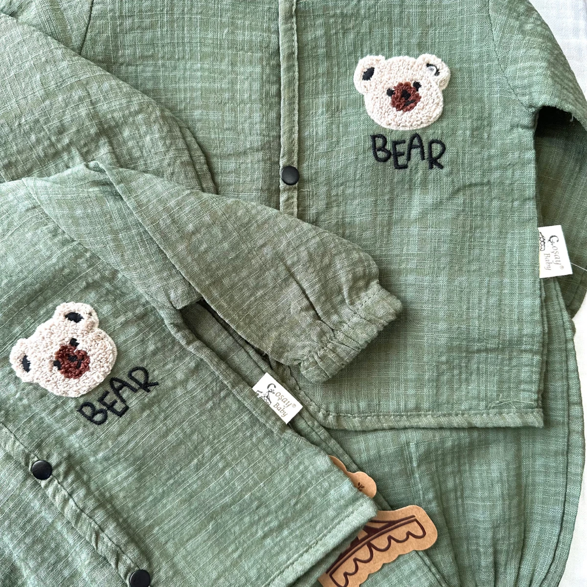 Organik Müslin Ayıcık Detaylı 2’li Yeşil Bebek Takımı