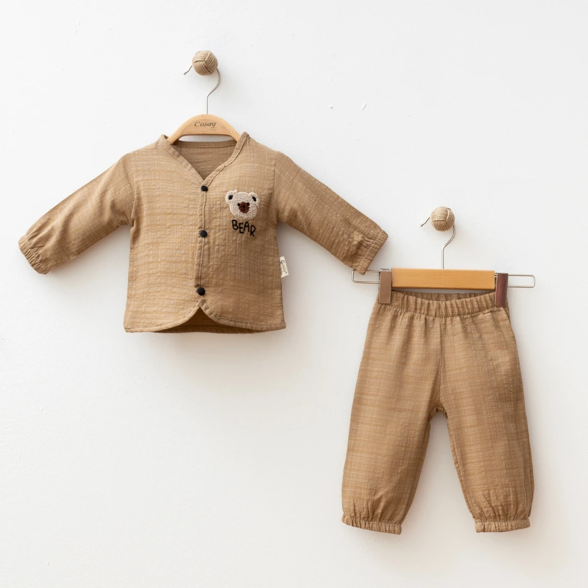 Organik Müslin Ayıcık Detaylı 2’li Bej Bebek Takımı