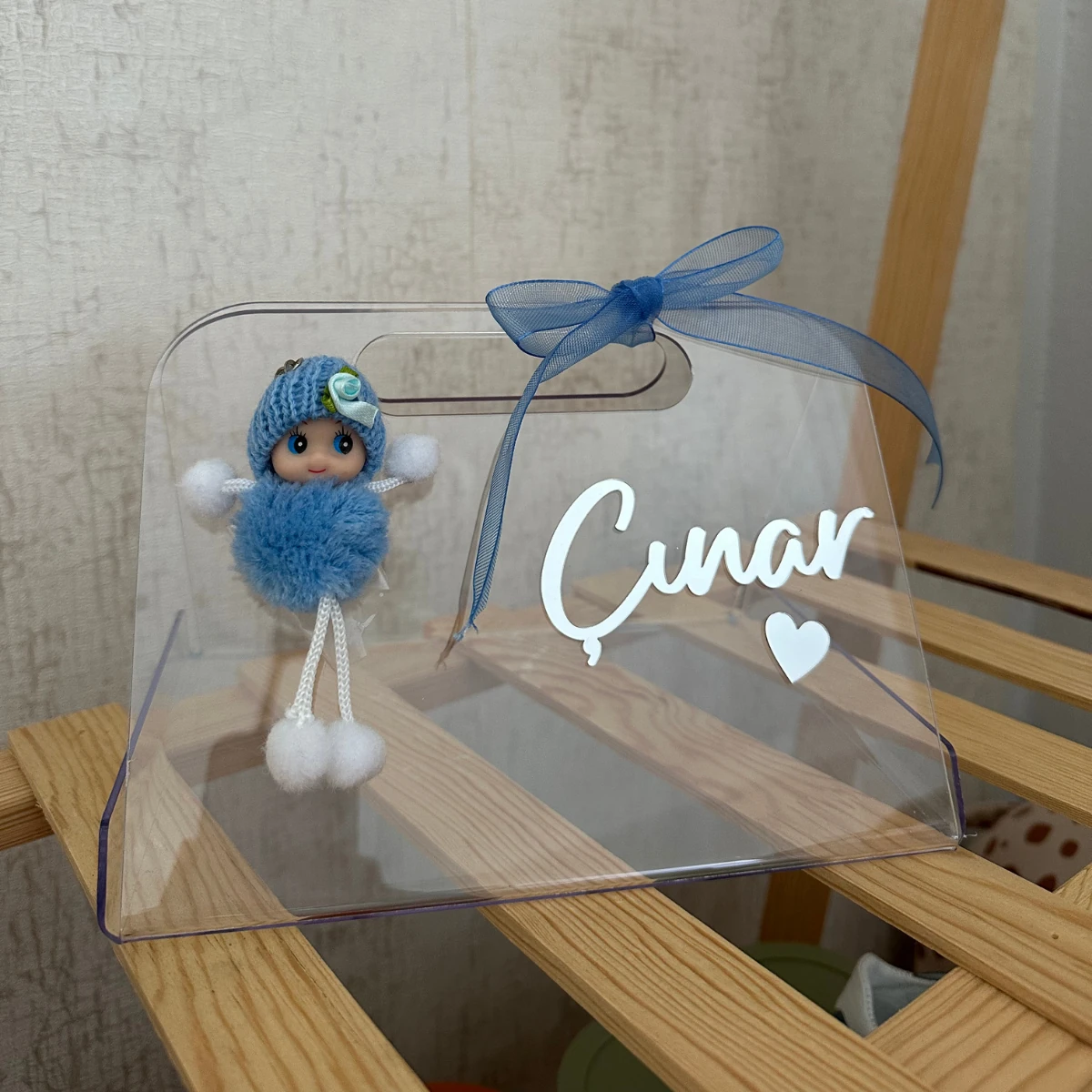 İsimli Süslü Pleksi Çanta - Baby Shower, Hoş Geldin Bebek Hediyesi, Yenidoğan Hediyesi, Bebek Çikolata Kutusu