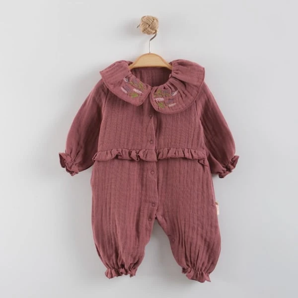 Kız Bebek Çiçek Nakışlı Mürdüm Müslin Tulum