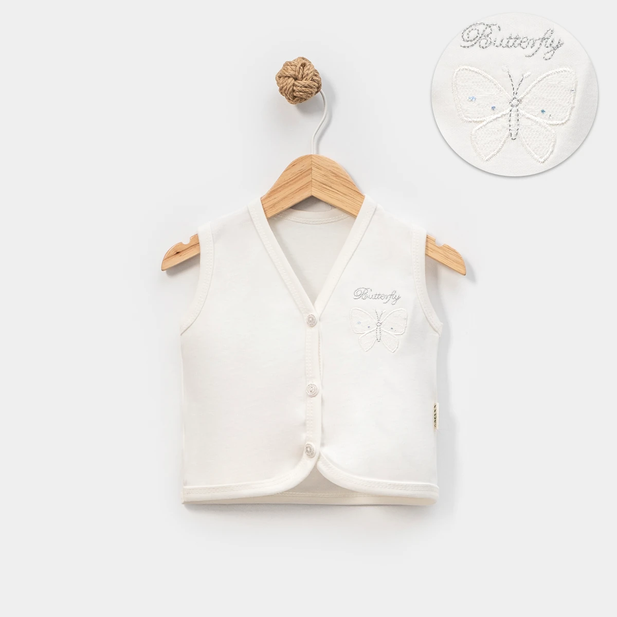 Kız Bebek Kelebekli Ekru Yelek 6-9-12-18-24 Ay