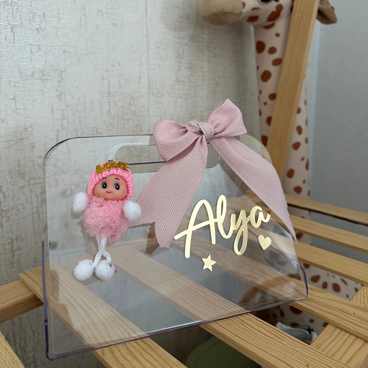 İsimli Süslü Pleksi Çanta - Baby Shower, Hoş Geldin Bebek Hediyesi, Yenidoğan Hediyesi, Bebek Çikolata Kutusu