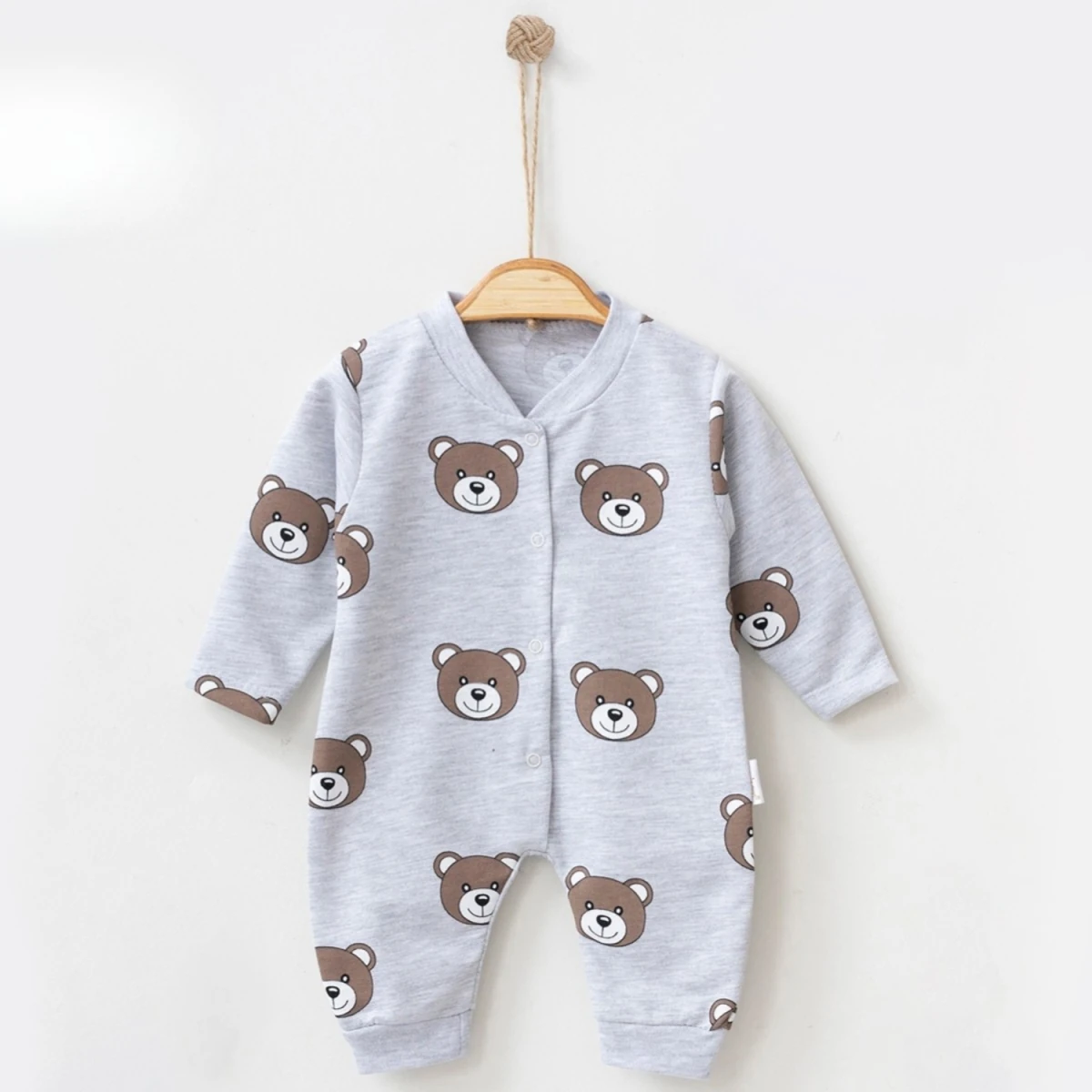 Ayıcıklı Manşetli Gri Erkek Bebek Tulum