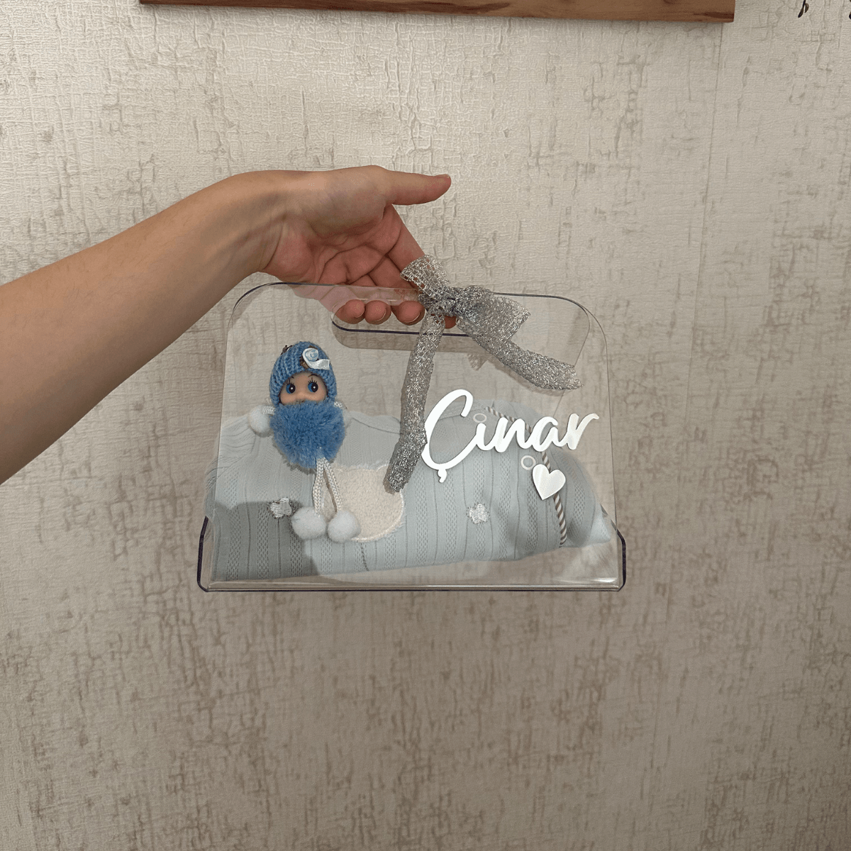 Erkek Bebek Pleksi Kişiye Özel Yenidoğan Hediye Seti - Gümüş