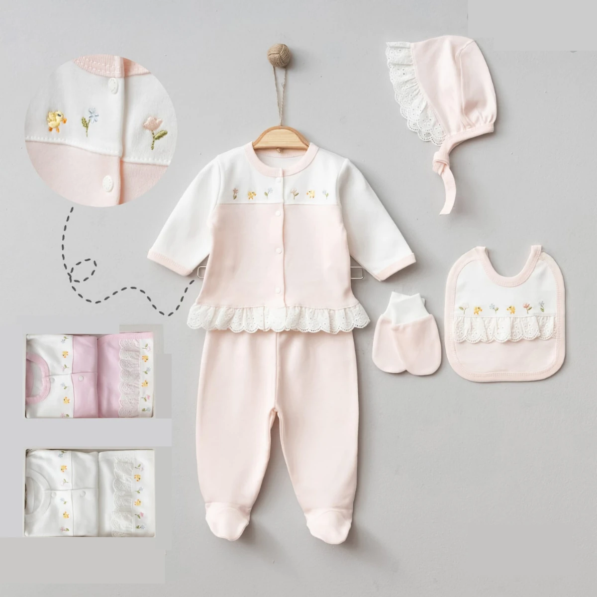 Fistolu Pudra Kız Bebek 5'li Hastane Çıkış Seti