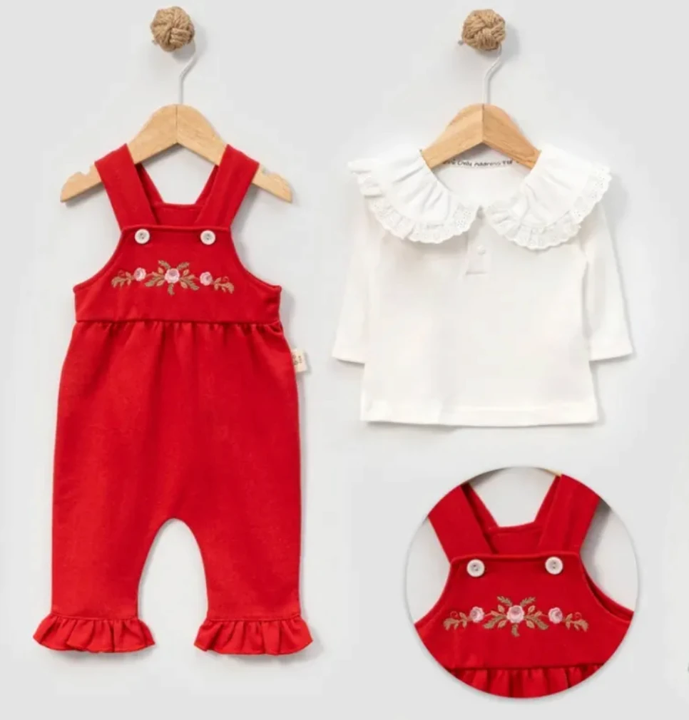 Kız Bebek Kırmızı Gül Nakışlı Salopetli 2'li Takım