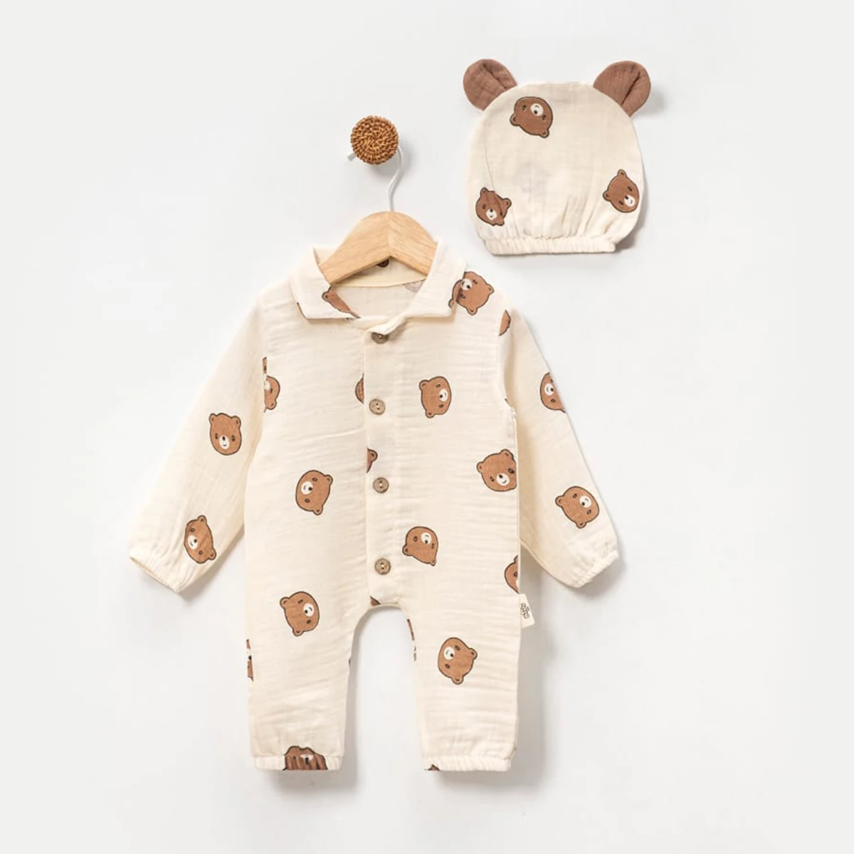 Pamuklu Müslin Unisex Ayıcık Desenli Şapkalı Bebek Tulum - 2'li Set