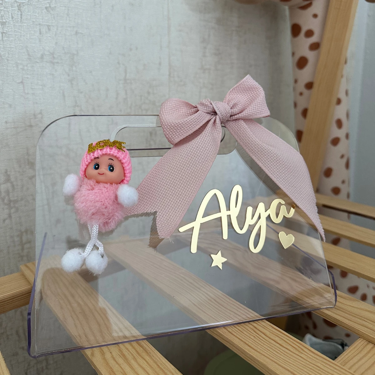 İsimli Süslü Pleksi Çanta - Baby Shower, Hoş Geldin Bebek Hediyesi, Yenidoğan Hediyesi, Bebek Çikolata Kutusu