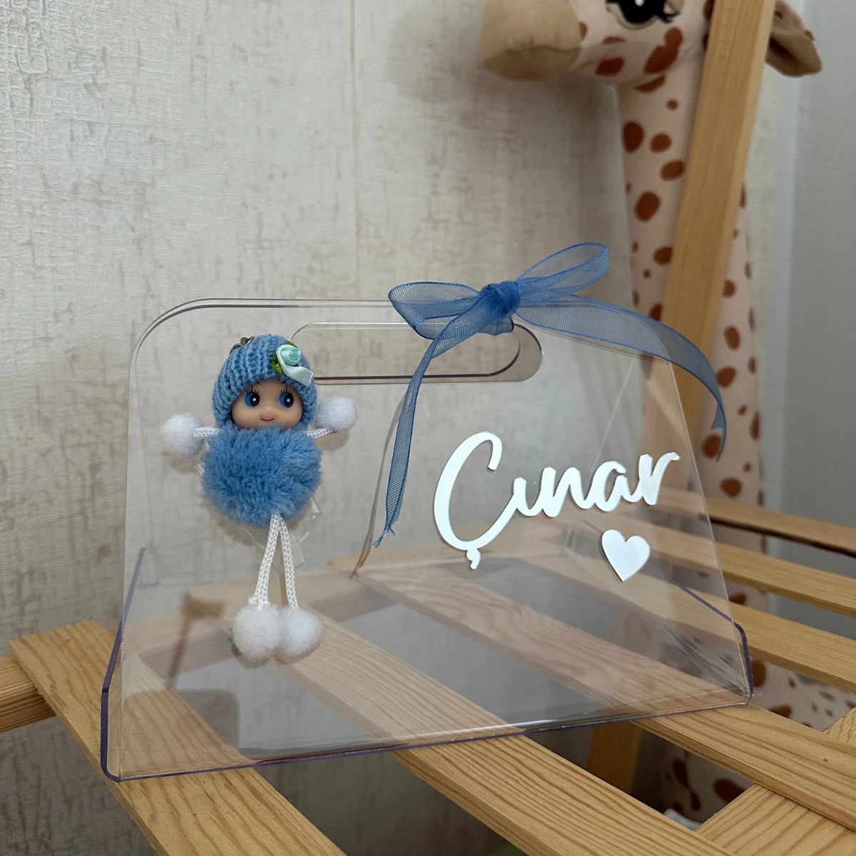 İsimli Süslü Pleksi Çanta - Baby Shower, Hoş Geldin Bebek Hediyesi, Yenidoğan Hediyesi, Bebek Çikolata Kutusu