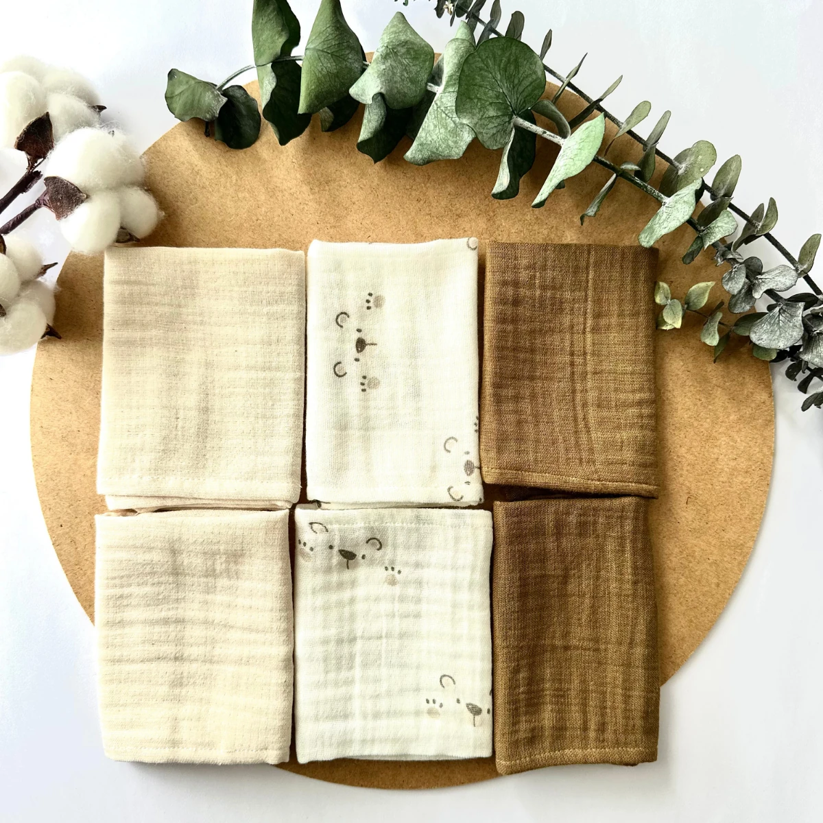 6'lı Desenli Organik Müslin Bebek Ağız Mendili %100 Pamuk, Ter Bezi, Omuz Bezi (22x23 cm)