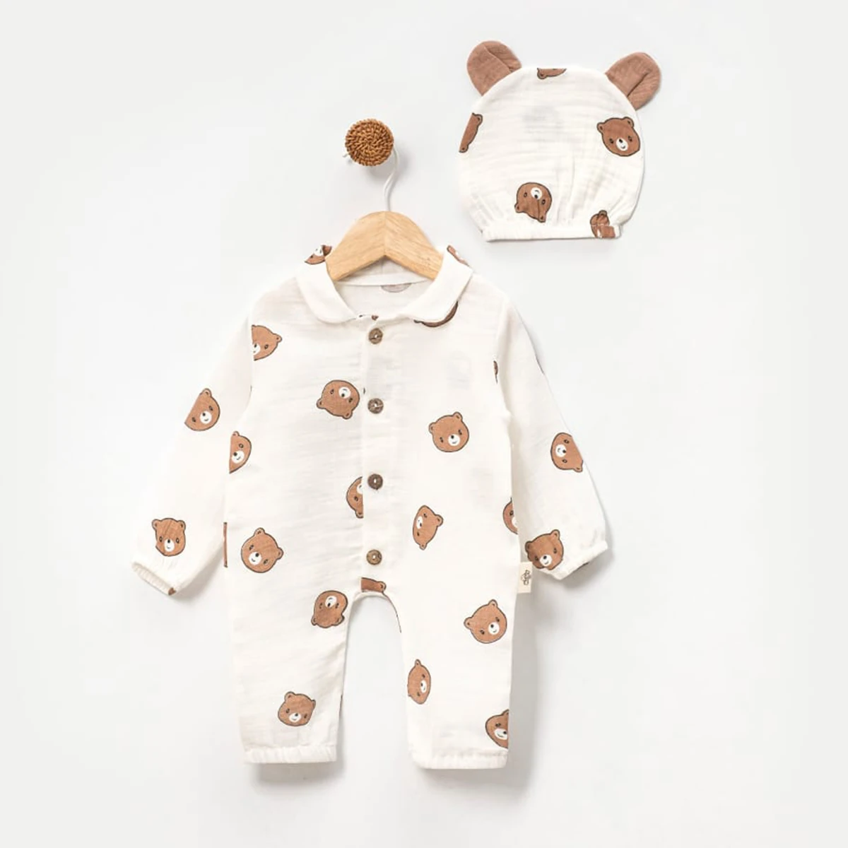 Pamuklu Müslin Unisex Ayıcık Desenli Şapkalı Bebek Tulum - 2'li Set