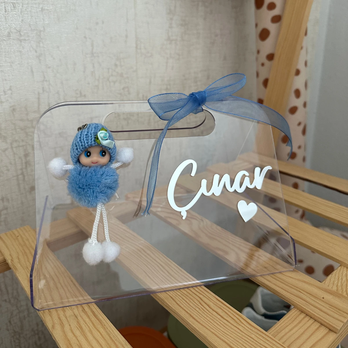 İsimli Süslü Pleksi Çanta - Baby Shower, Hoş Geldin Bebek Hediyesi, Yenidoğan Hediyesi, Bebek Çikolata Kutusu