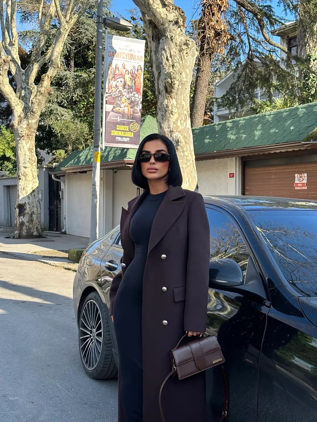 Madalyon Düğmeli Kruvaze Kaban Koyu Kahve
