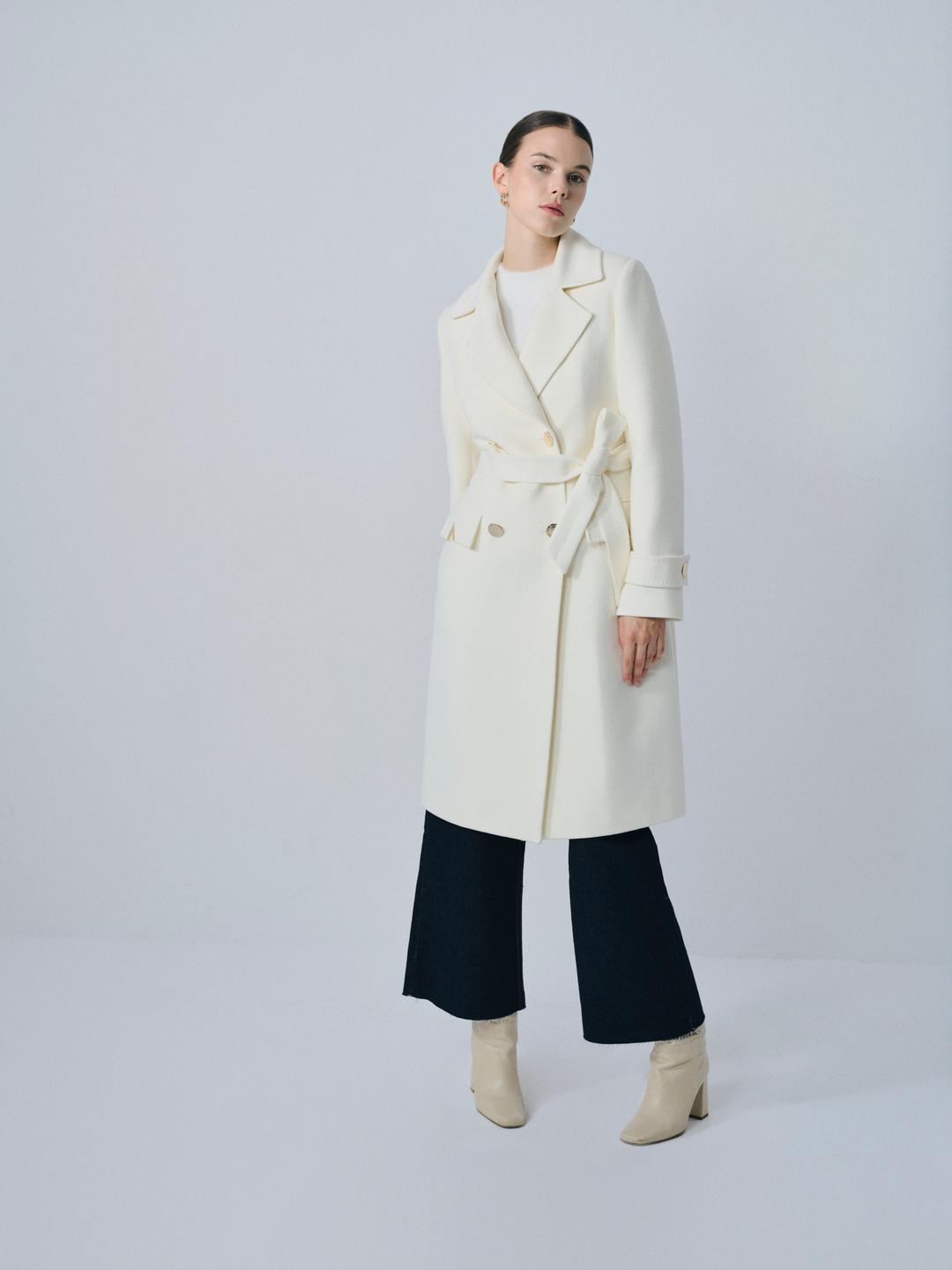 Gold Detaylı Kruvaze Midi Boy Kaban Beyaz