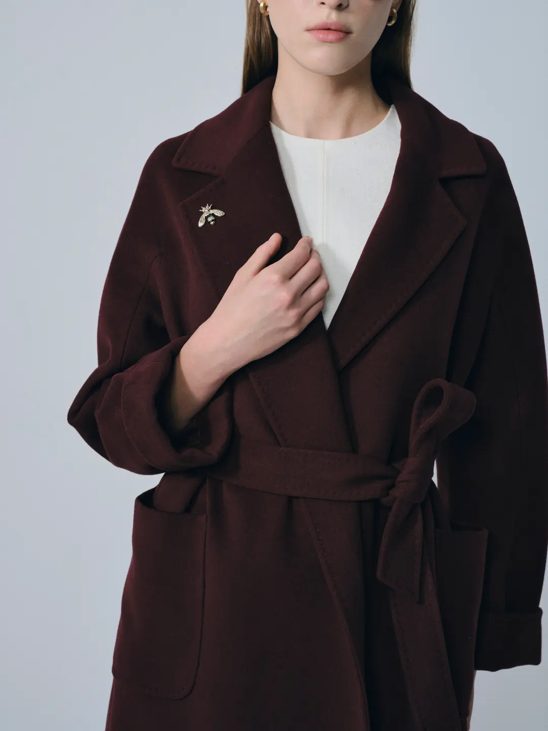 Broşlu Geniş Cepli Oversize Kaban Bordo