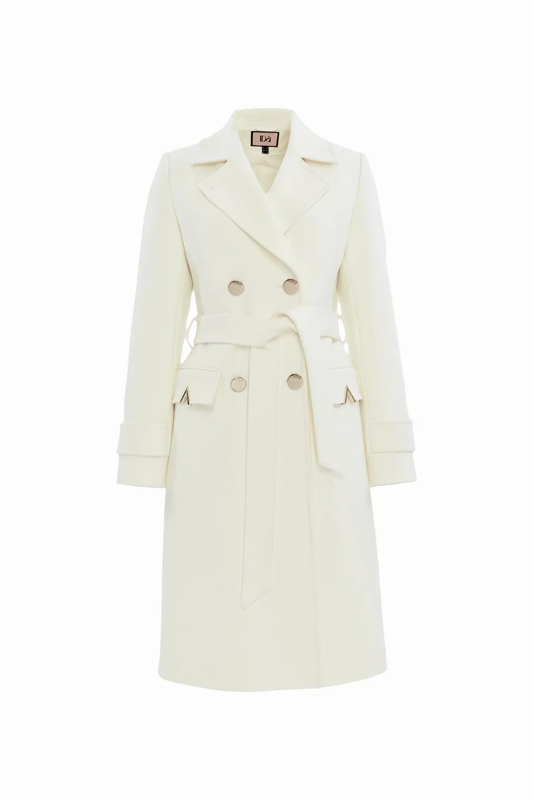 Gold Detaylı Kruvaze Midi Boy Kaban Beyaz