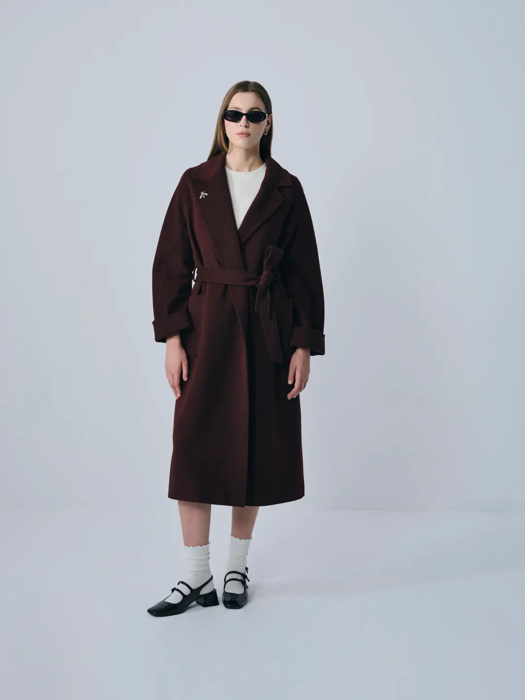 Broşlu Geniş Cepli Oversize Kaban Bordo