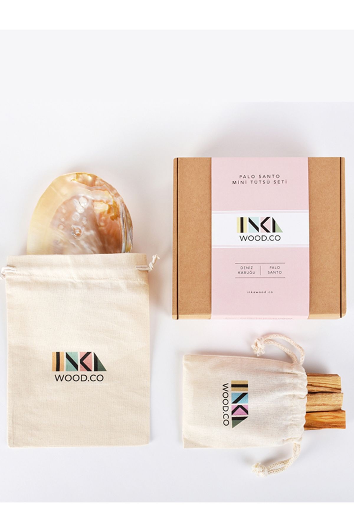 Inka Wood Palo Santo Mini Set - Deniz Kabuğu, Palo Santo Tütsü, Konik Tütsü, Bez Kese