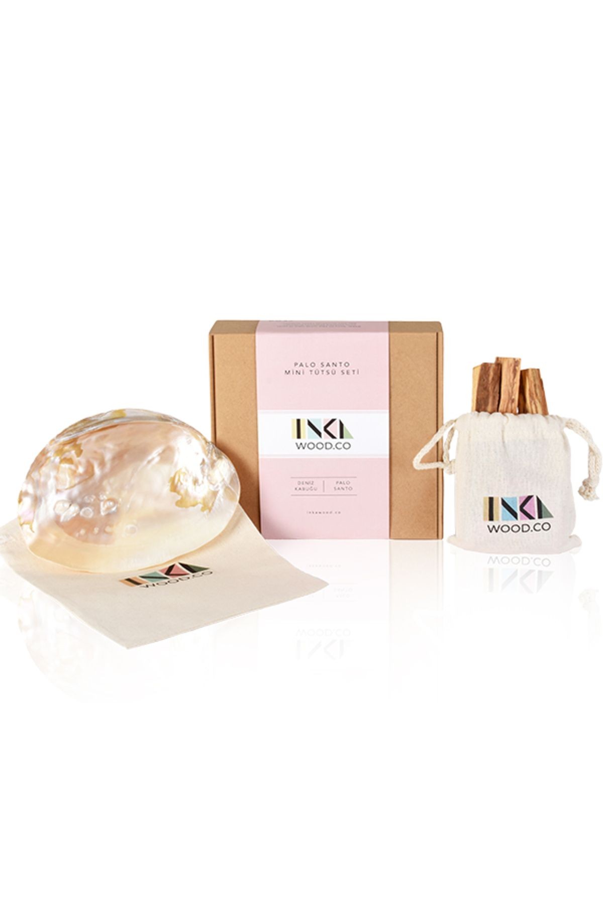Inka Wood Palo Santo Mini Set - Deniz Kabuğu, Palo Santo Tütsü, Konik Tütsü, Bez Kese